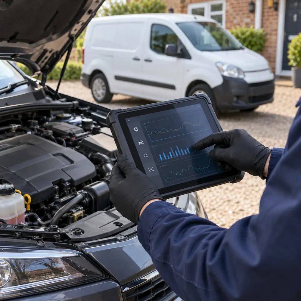 Technician in gloves checking a car's live engine data on a tablet, with the bonnet up on a driveway